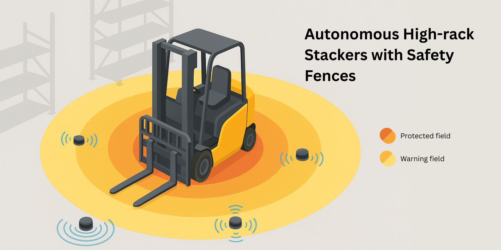 3D schematic of an autonomous high-bay forklift with dynamically layered 360-degree safety zones in red, orange, and yellow, illustrating protection, warning, and monitoring fields for safe human-machine collaboration in a warehouse.